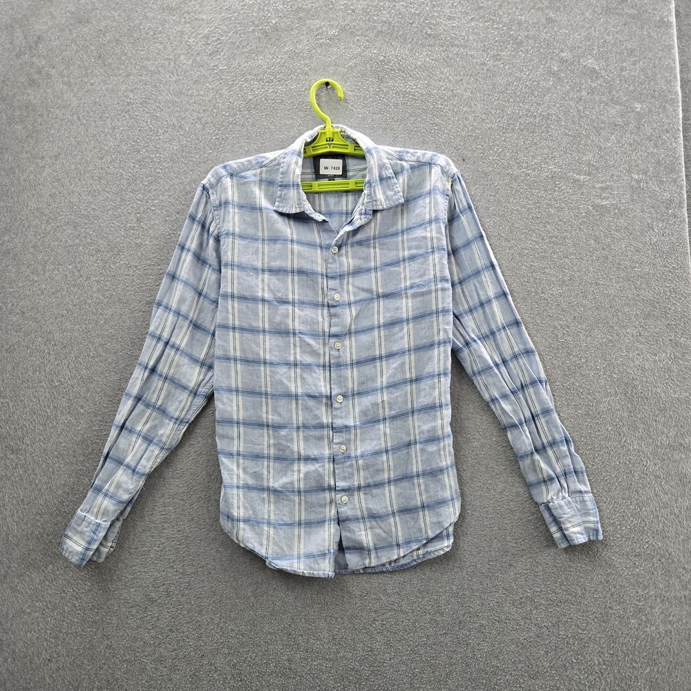 Bonobos Men Button Up Shirt M Blue Cotton Linen Plaid Casual Shirt Slim